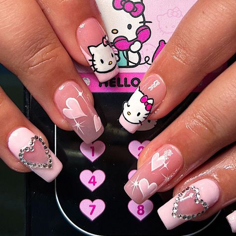 Acrylic Nails Bright, Nails Bright Pink, Y2k Aesthetic Nails, Bright Acrylic Nails, Paznokcie Hello Kitty, Gel X Nail, Hello Kitty Nails Art, Kylie Nails, Bright Pink Nails