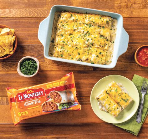 El Monterey® Bean & Cheese Burrito Casserole - El Monterey Bean Cheese Burrito, Bean And Cheese Burrito, Cheese Burrito, Frozen Burritos, Burrito Casserole, Main Squeeze, 9x13 Baking Dish, Entree Recipes, Creamed Mushrooms