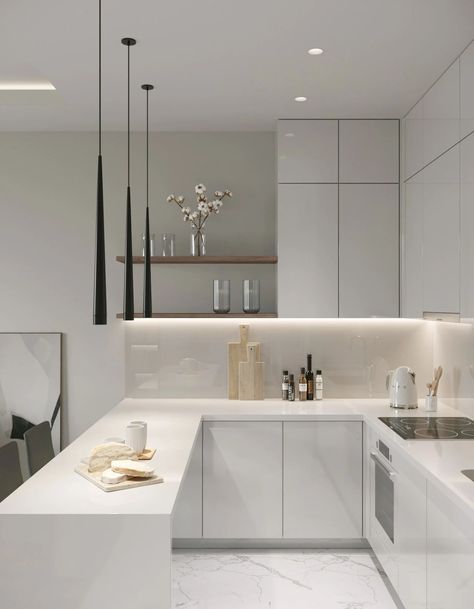 Organization Kitchen Cabinets, White Elegant Kitchen, Island Kitchens, Modern Minimalist Interior Design, Minimalist Dekor, Kitchens Ideas, Elegant Kitchen Design, Kitchen Decorating Ideas, Wall Decor Kitchen