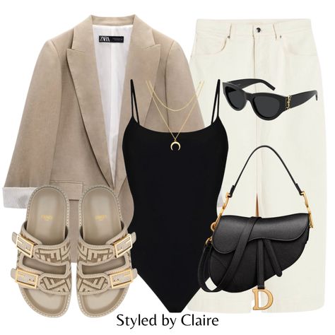 Matching a linen blazer with these stunning fendi sandals is absolute perfection. Finished with a black strapy bodysuit, dior saddle and denim midi skirt. Fashion spring summer inspired outfit ideas casual chic Fendi Sandals Outfit, Midi Skirt Fashion, 2023 Wardrobe, Fendi Sandals, Work Aesthetic, Girl Goals, Outfit Ideas Casual, Midi Skirt Outfit, Summer Ootd