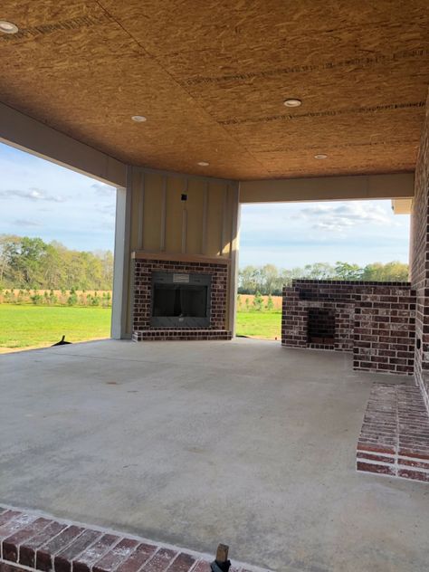 Fireplace On Back Porch, Patio Firepits, Outdoor Fireplace Brick Covered Patios, Back Porch Fireplace, Barndominium With Outdoor Fireplace, Covered Patio With Fireplace And Tv, Outdoor Fireplace On Deck Covered Patios, Barndominium Outdoor Fireplace, Diy Deck Decor