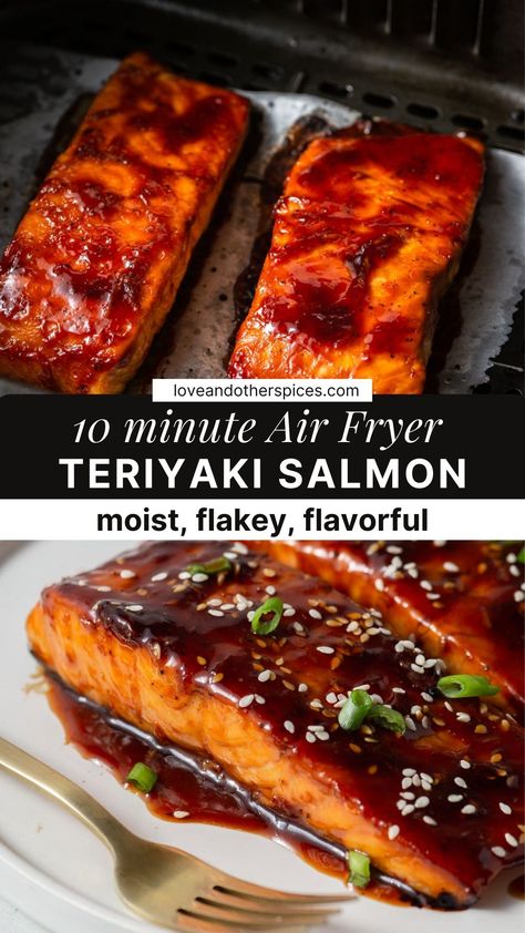 Teriyaki Glazed Salmon Recipes, Salmon Recipes Air Fried, Air Fryer Fish Recipes Salmon, Air Fryer Bbq Salmon, Salmon In Ninja Air Fryer, Fried Salmon Recipes Air Fryer, Airfryer Teriyaki Salmon, Best Air Fried Salmon, Air Fryer Terriaki Salmon