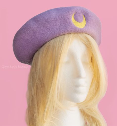 Purple beret with embroidered yellow crescent moon Beret Aesthetic, Kawaii Sailor Moon, Purple Beret, Cute Beret, Aesthetic Galaxy, Purple Hat, Yellow Moon, Teen Daughters, Purple Hats