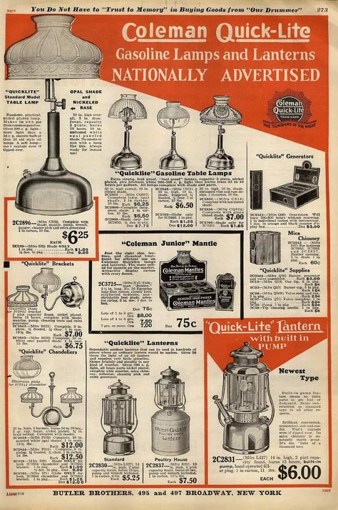 Coleman Quick-Lite Gasoline Lamps and Lanterns advertisement Vintage Kerosene Lamps, Vintage Gas Lamps, Coleman Lamp, Coleman Lanterns, Gas Street Lamp, Camshaft Lamp, Vintage Coleman, Lantern Paper, Coleman Camping