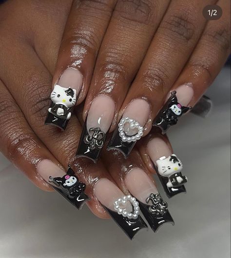 Gothic Hello Kitty Nails, Emo Nails With Charms, Black Nails With Hello Kitty, Emo Y2k Nails Short, Kuromi And Hello Kitty Nails, Planet Charm Nails Acrylic, Black Sanrio Nails, Goth Hello Kitty Nails, Emo Hello Kitty Nails