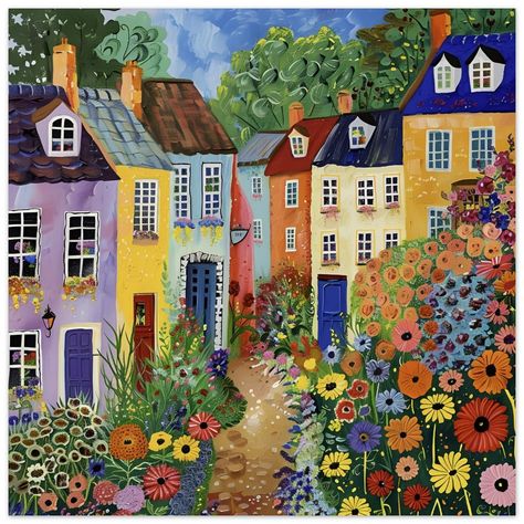 Houses In England, Foam Board Printing, Naive Painting, Cottage Art, Vibrant Flowers, Naive Art, Vibrant Flower, Terrace House, Famous Artists