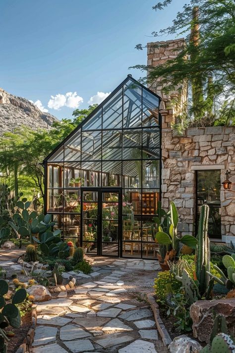 Green House Attached To Kitchen, Greenhouse In Home, Secret Garden Greenhouse, Green House Attached To House Courtyard, Small Green House Interior Ideas, Green House Room, Nature Architecture Concept, Greenhouse Extension, Glass Garden House