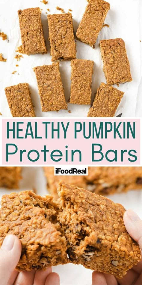 Pumpkin Protein Bars - iFoodReal.com Homemade Pumpkin Protein Bars, High Protein Snacks Pumpkin, Recipes With Pumpkin Protein Powder, Pumpkin Oatmeal Bars Protein, Pumpkin Recipes Protein, Protein Pumpkin Bars, Pumpkin Protein Bar, Healthy Pumpkin Breakfast Bars, Pumpkin Protein Powder Recipes