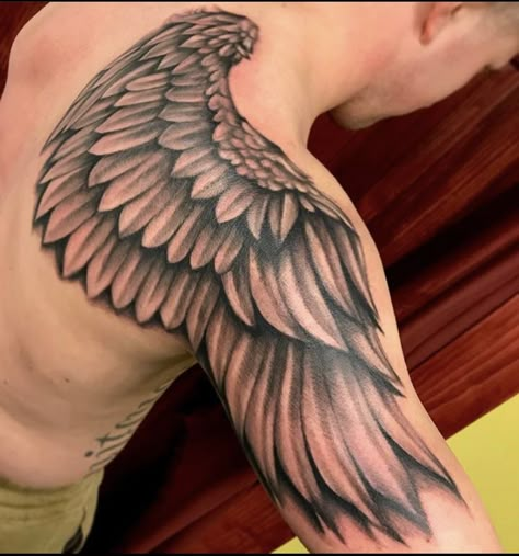 Wing Sleeve Tattoo For Men, Men Wing Tattoo Back, Wings Tattoo On Shoulder, Wings Shoulder Tattoo, Wings Tattoo Back, Wing Tattoo On Shoulder, Wings Back Tattoo, Tattoo Half Sleeve, Angel Wing Tattoo