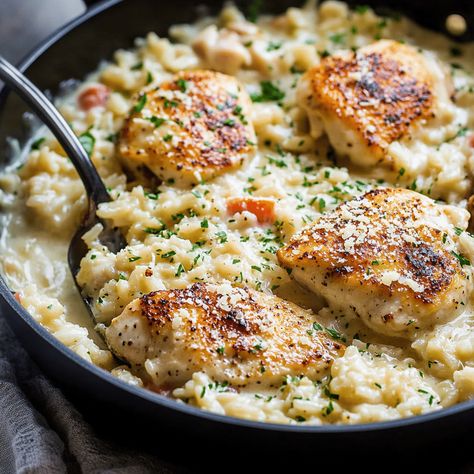 Chicken And Rice Alfredo Recipes, Chicken Parmesan Risotto, Creamy Chicken And Rice One Pot, Chicken Rice Asparagus Recipes, Chicken And Rice Creamy, Creamy Parmesan Rice, Parmesan Chicken And Rice, Baked Meals, Creamy Parmesan Chicken