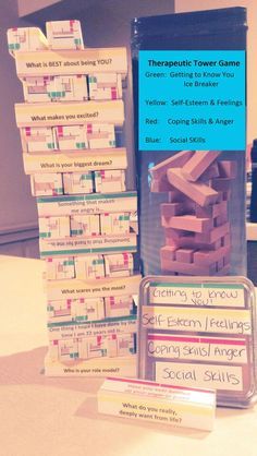 Jenga Questions, Social Work Activities, Therapeutic Games, Group Therapy Activities, Counseling Games, Therapeutic Recreation, School Social Worker, Recreation Therapy, Therapy Games