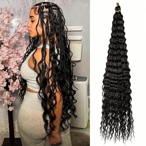 Deep Wave Crochet Hair For Black Women Curly Braiding Hair 24 Inch 2 Packs Ocean Wave Braiding Hair Extensions Soft Crul Crochet Hair For Boho Braids Crochet Human Hair, Fulani Braids With Curls, Crochet Braids Curly, Box Braids Goddess, Deep Wave Crochet Hair, Wavy Hair Hairstyles, Ocean Wave Crochet, Thick Hair Hairstyles, Curly Braiding Hair