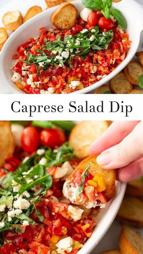 Save this recipe! Follow for more appetizers. THIS cold caprese dip is my FAVORITE summer appetizer. It's served chilled so no hot oven involved. It's refreshing, flavorful, and you absolutely can't stop with one bite. Easy No Cook Appetizers For A Party, Caprese Appetizer Dip, Caprese Salad Dip, Caprese Dip Cold, Italian Dips Appetizers Cold, Pool Party Dip Recipes, Summer Dip Ideas, Summer Party Dips Cold, Party Dips Summer