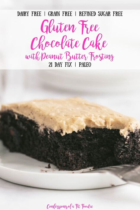 This Chocolate Cake with Peanut Butter Frosting is made with clean ingredients, and is a healthier alternative to traditional boxed cake mix. Gluten free, dairy free, refined sugar free and grain free, too! | Confessions of a Fit Foodie | Peanut Butter chocolate cake | Clean chocolate cake | Chocolate cake with peanut butter icing | Gluten Free Chocolate Cake | Dairy Free Chocolate cake recipe | Gluten Free Dairy Free Chocolate cake| Grain free chocolate cake | 21 Day Fix treat swap Chocolate Cake Dairy Free, Dairy Free Chocolate Cake Recipe, Grain Free Chocolate Cake, Chocolate Covered Banana Bites, Confessions Of A Fit Foodie, 21 Day Fix Desserts, Chocolate Cake With Peanut Butter, Chocolate Avocado Brownies, Cake With Peanut Butter Frosting