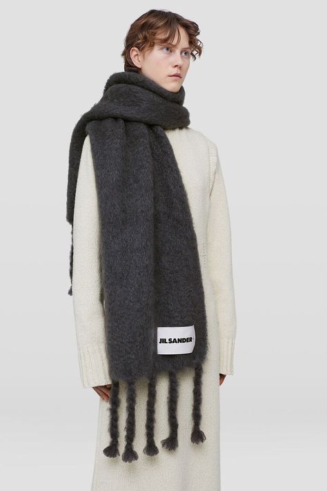 Scarf - Scarves Jil Sander Scarf, Jil Sander Accessories, Mohair Scarf, Scarf Outfit, White Scarves, Tennis Fashion, Grey Scarf, Oversized Scarf, Mohair Wool