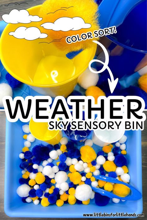 Spring is the perfect time to explore the weather, with April showers bringing May flowers. Put together a simple, non-food sensory bin to explore the sky! Craft this quick and easy weather sensory bin to add to a toddler or preschool science center weather theme, and add our free printable weather playdough mats! Sunny Weather Preschool Activities, Preschool April Themes, Weather Sensory Activities, Spring Weather Activities Preschool, Weather Playdough, Weather Sensory Bin, Preschool Spring Activities, Weather Curriculum, Preschool Science Center