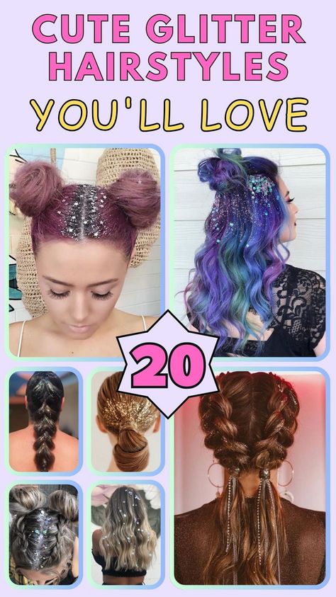 Add some magic to your hairstyle with these 5 easy-to-use products. From hair shimmer spray to glitter gel, learn how to get the perfect glitter look for any occasion. Concert Hairstyles With Glitter, Diy Hair Glitter How To Make, Glitter Part Hair, Glitter Hair Gel Hairstyles, Glitter Gel Hairstyles, Diy Hair Glitter Gel, Glitter In Hair, Hair Glitter Ideas, Diy Hair Glitter