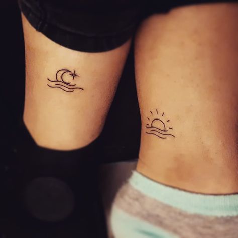 Moon Sister Tattoo, The Sun Tattoo, Sister Tattoo, Sun Tattoo, Sister Tattoos, Tattoo Set, Tattoo Ink, Sun Moon, Maple Leaf Tattoo