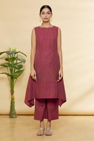 Shop for Aryavir Malhotra Maroon Cotton Flared Kurta And Palazzo Set for Women Online at Aza Fashions Boat Neck Kurti, Sleeveless Kurti, Striped Kurta, Kurta And Palazzo, Kurta Palazzo, Palazzo Set, Handkerchief Hem, Fashion App, Set For Women