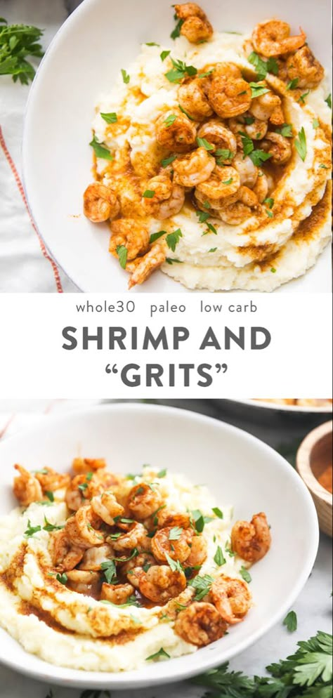 This healthy shrimp and grits recipe might just blow you away. With only 5 ingredients in the whole dish, it's packed full of flavor. This Whole30 dinner recipe is crazy easy and fast, too. Cauliflower grits make this dish low carb, keto, and paleo! #whole30 #paleo Healthy Shrimp And Grits, Cauliflower Grits, Paleo Menu, Shrimp N Grits Recipe, Whole30 Dinner, Whole30 Dinner Recipes, Whole30 Keto, Whole30 Dinners, Grits Recipe