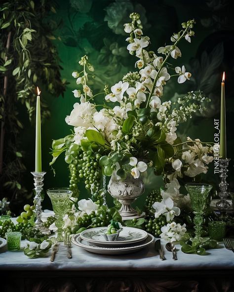 Ivy Floral Arrangements, 1920s Floral Arrangements, Green Aesthetic Wedding, Long Centerpieces, Academia Wedding, Speakeasy Decor, Greenery Centerpiece, Large Floral Arrangements, Cottage Garden Design