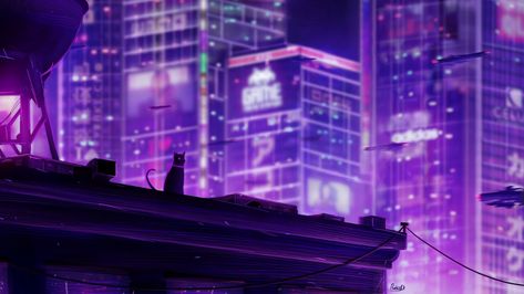 Wallpaper cat, roof, city, future, neon, backlight hd, picture, image Wallpaper Gatos, Purple City, Tokyo Aesthetic, Wallpapers Ipad, Neo Tokyo, Cat City, Arte 8 Bits, Architecture Wallpaper, New Retro Wave