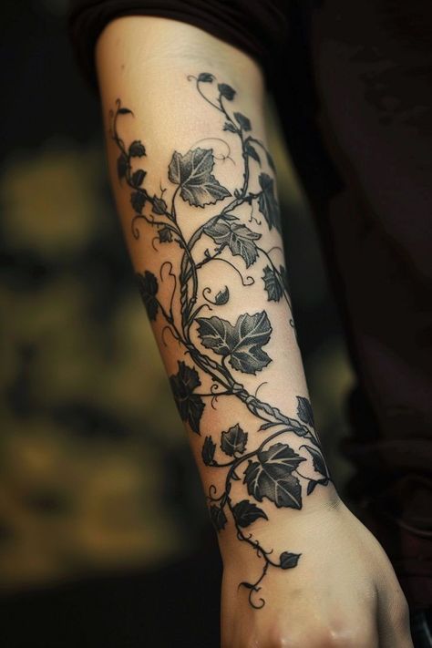 Flower On Vine Tattoo, Edgy Tattoo Designs, Spooky Cute Tattoo, Goth Flower Tattoo, Edgy Tattoo For Women, Vine Tattoos For Women, Vine Arm Tattoo, Vine Tattoo Ideas, Goth Tattoo Ideas