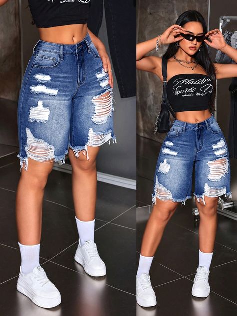 Casual Washed Distressed Frayed Hem Loose Denim Shorts Medium Wash Casual   Denim Plain Straight Leg Non-Stretch  Women Clothing, size features are:Bust: ,Length: ,Sleeve Length: