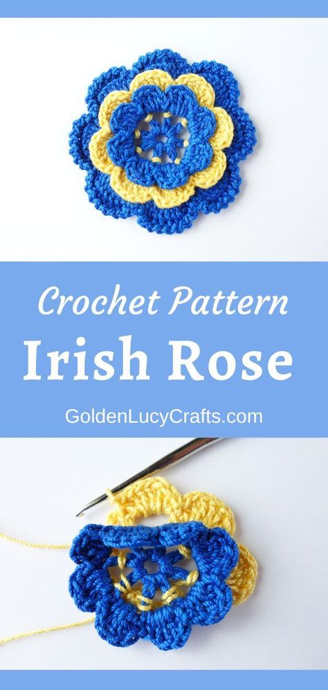 Crocheted flower in blue and yellow colors. Crochet Motif Patterns Free, Crochet Thread Patterns, Lace Crochet Pattern, Irish Lace Crochet Pattern, Crochet Thread Size 10, Irish Crochet Flowers, Irish Rose, Irish Crochet Patterns, Crochet Flowers Easy