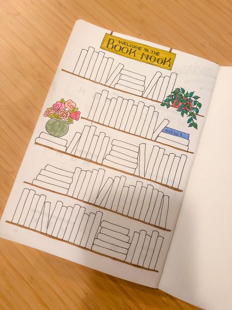 Bullet journal page with bookshelves filled with books and two potted plants. Title says “welcome to the book nook” Bookshelf Reading Journal, Book Journal Bookshelf, Tbr Bullet Journal, Tbr List Bullet Journal, Bujo Bookshelf, Yearly Reading Tracker, Journal Bookshelf, Bullet Journal Bookshelf, Bullet Journal Yearly