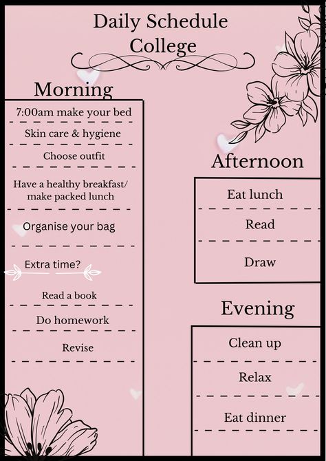 If you need little push to help organise your routine or just want to keep on track here's a schedule to help College Schedule, Back To College, Organization Help, Light Pink