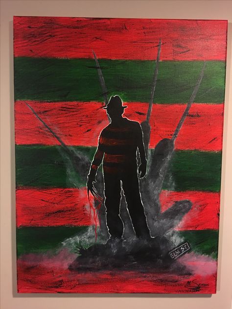 18 x 24 acrylic on canvas of Freddy Krueger Acrylic Horror Painting, Freddy Krueger Canvas Painting, Freddy Krueger Painting Easy, Scary Paintings Easy Canvas, Freddy Krueger Pumpkin Painting, Jason Painting Canvas, Freddy Krueger Drawing Easy, Freddy Kruger Art, Horror Paintings Canvas