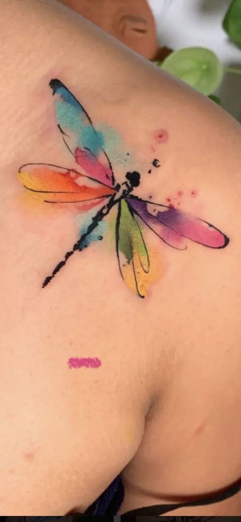 Rainbow Dragonfly Tattoo, Colourful Dragonfly Tattoo, Sister Dragonfly Tattoos, Dragonfly Tattoo With Color, Watercolour Dragonfly Tattoo, Colour Dragonfly Tattoo, Tattoo Ideas Female Dragonfly, Dragonfly Tattoo With Words, Colored Dragonfly Tattoo