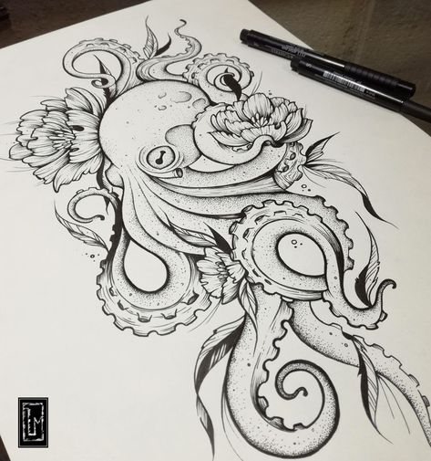 Octopus Tattoos Drawing, Octopus Flower Tattoo Design, Ocean Inspired Sleeve Tattoo, Flower Octopus Tattoo, Octopus And Flowers Tattoo, Octopus With Flowers Tattoo, Octopus Flower Tattoo, Octopus Sleeve Tattoo Women, Full Side Tattoo