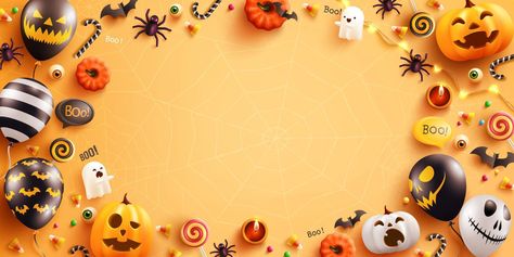 Background for Halloween with Halloween Ghost Balloons and Pumpkin.Scary air balloons,bat,candy and Halloween Elements on yellow background.Website spooky,Background or banner Halloween template Ghost Balloons, Halloween Facebook Cover, Premium Vector Background, Halloween Template, Spooky Background, Pumpkin Scary, Halloween Templates, Halloween Frames