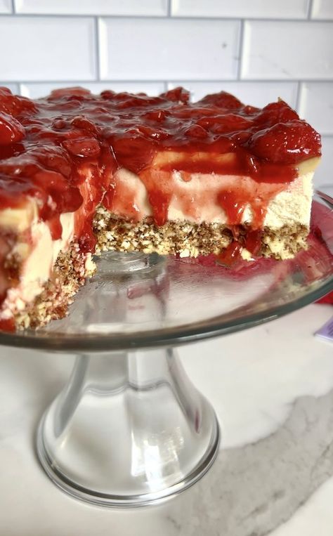 Vegan Strawberry Cheesecake Vegan Strawberry Cheesecake, No Bake Strawberry Cheesecake, Vegan No Bake, Honey Roasted Almonds, Vegan Cheesecake Recipe, Strawberry Compote, Gluten Free Vegan Recipes, Baked Strawberries, Gluten Free Dairy Free Recipes