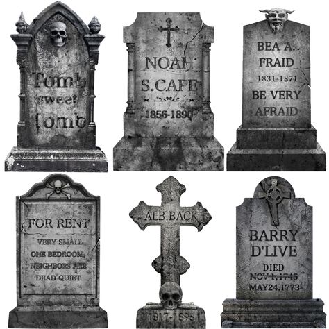 PRICES MAY VARY. 6 STYLES PUNNY GRAVEYARD SET: tombstones for graves yard sign includes 6 styles of funny puns cardboard halloween headstones for cemetery signs, Funny tombstone decorations are a great way to add some humor to your frightening setup HALLOWEEN SIGNS SIZE: this plastic cardboard tombstones sets are sturdy. 17in height and 10in length, the length varies due to different styles.8pcs connect metal stake. Plastic stakes can secure them better than any other plastic stakes. Quality Mat Tombstone Decorations, Diy Halloween Graveyard, Graveyard Tombstones, Pet Tombstone, Halloween Headstone, Cemetery Halloween, Tombstone Diy, Halloween Gravestones, Halloween Craft Activities