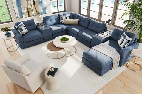 Drew & Jonathan Modularone Navy Blue Textured 8 Pc With Chaise Right Consoles Arm Sectional | Rooms to Go Modern Farmhouse Living Room Blue Couch, All Blue Living Room, Navy Leather Couch, Navy Blue Sofa Living Room, Navy Blue Couch Living Room, Sectional Couch Living Room, Blue Couch Living Room Ideas, Blue Sectional Couch, Navy Blue Couch