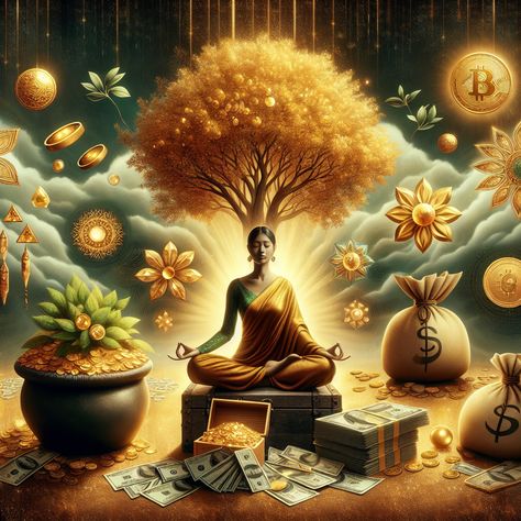 Elevate your wealth manifestation journey with our AI-created image, encapsulating prosperity symbols - glowing money tree, golden coins, jewels, and cash. It's all interlaced with a meditating person, visualizing their financial goals. More at the link. #WealthManifestation #Abundance #Prosperity #PersonalGrowth #SuccessMindset #FinancialGoals Financial Abundance Images, Wealth Visualization, Money Goddess, Money Meditation, Abundance Images, Money Energy, Golden Coins, Wealth Manifestation, Money Images