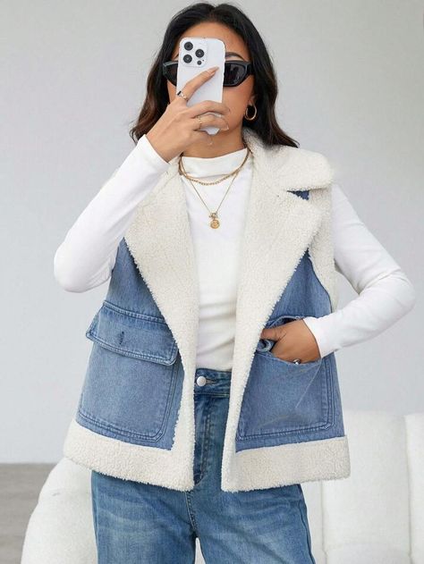 Free Returns ✓ Free Shipping✓. SHEIN Essnce Women's Sleeveless Colorblock Denim Jacket- Women Coats at SHEIN. Sherpa Vest, Plus Size Maxi Dresses, Cold Season, Chunky Knits Sweater, Winter Outfits Women, Knit Sweater Cardigan, Denim Vest, Denim Blue, Outerwear Women