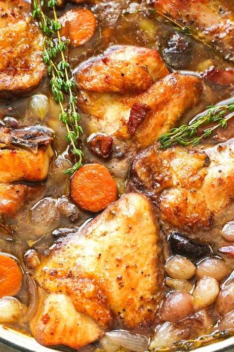 Coq au Vin - Immaculate Bites Chicken Board, Braising Recipes, Rustic Dinner, Dinner Party Dishes, Delicious Chicken Dinners, Roasted Red Potatoes, Pearl Onions, Red Wine Sauce, French Recipes