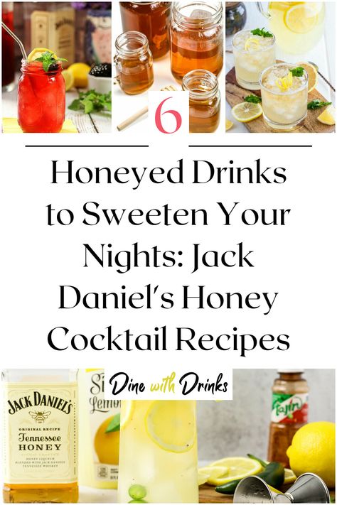 Collage of 4 jack honey cocktails. Jack Daniels Honey Drinks Recipes, Jack Honey Cocktails, Jack Daniels Honey Whiskey Drinks, Honey Jack Daniels Drinks, Jack Daniels Honey Drinks, Lime Drinks Cocktails, Jalapeno Lemonade, Jack Daniels Honey Whiskey, Honey Cocktails