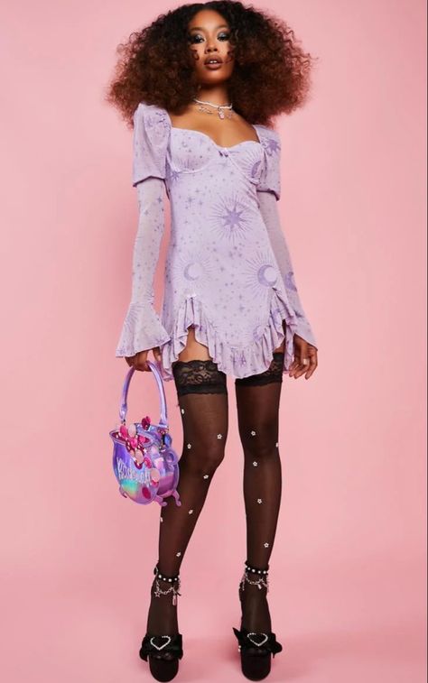 Dollskill Dollskill Outfits, Goth Scene, Sugar Thrillz, Bodycon Dress With Sleeves, Purple Mini Dresses, Sleeve Bodycon Dress, Star Pattern, Moon Star, Star Patterns