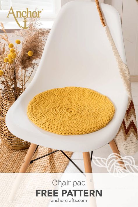 Make your chairs more comfortable with this very easy to make crochet chair pad! Made with our new 3 mm yarn Anchor Crafty Fine. Crochet Seat Pads Free Patterns, Chair Pad Crochet Patterns, Crochet Dining Chair Cover, Crochet Round Seat Cushion, Crochet Patio Decor, Crochet Seat Cushion Pattern, Chair Cover Crochet, Crochet Chair Pillow, Crochet Chair Pads Free Pattern