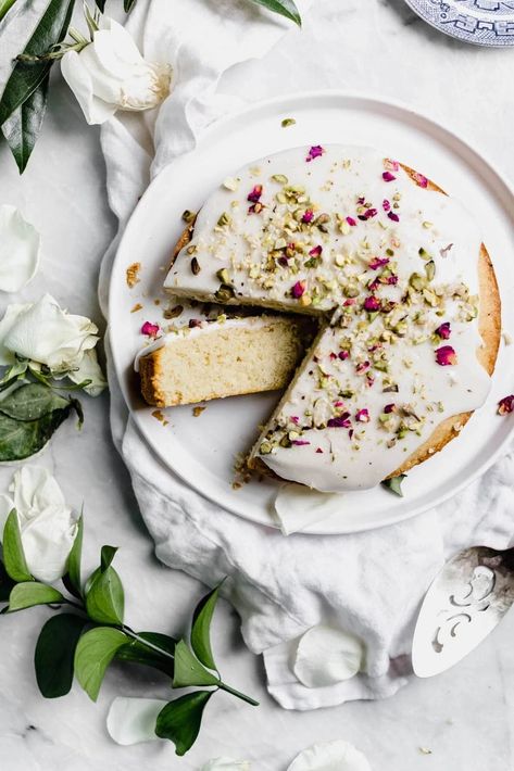 Persian Love Cake - Broma Bakery Semolina Cake Recipe, Love Cake Recipe, Persian Love Cake, Broma Bakery, Semolina Cake, Pistachio Cake, Spring Cake, Candied Ginger, Rose Cake