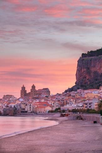 size: 12x8in Photo: Cefalu, Sicily, Italy. Cityscape image if coastal town Cefalu in Sicily at dramatic sunrise : Sicily Aesthetic, Sicily Italy Aesthetic, Italy Cityscape, Aesthetic Weather, Cefalu Sicily, Italian Beach, Italian Beaches, Pretty View, Holiday Inspo