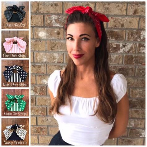 50s Head Scarf, Tie Knot Styles, Dapper Day Outfits, Vintage Buildings, 50s Hairstyles, Pinup Vintage, Scarf Knots, Rockabilly Hair, Rockabilly Pinup