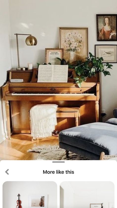 Piano Sitting Area, Photos Above Piano, Mid Century Modern Piano Room, Tall Piano Decor, Styling Piano Top, Living Room Upright Piano, Vintage Piano Decor Ideas, Family Room With Piano, Front Room With Piano