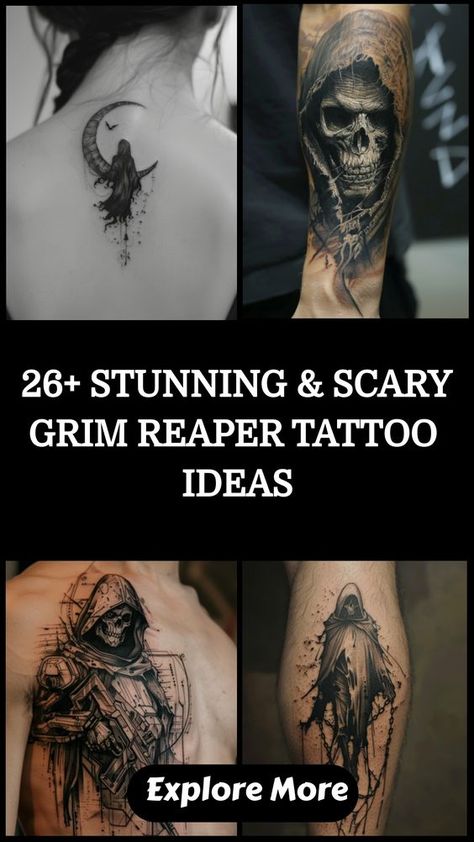 Thinking about getting a tattoo? Whether you’re a tattoo newbie or have been getting inked for years, choosing the right tattoo for you is such a personal journey. Thankfully, men’s tattoo styles have grown so varied, and there are many paths to finding the perfect tattoo for you right now. Scary Grim Reaper Tattoo, Woman Reaper Tattoo, Grim Reaper Black And White, Reaper With Hourglass Tattoo, Reaper Forearm Tattoo, Scary Tattoos For Men, Grim Reaper Tattoo Designs Drawings, Grim Reaper Tattoo Ideas, Reaper Tattoo Ideas