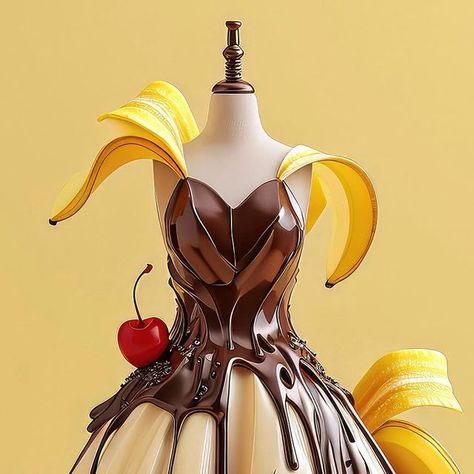 Liz Joy on Instagram: "I used AI software to create a collection of dessert-inspired dresses, and now I really wish I had them all in real life! If I could only choose one, though, it would probably be the banana split. Or the blueberry cheesecake. Or the chocolate chip cookie… Which one would you choose for yourself?: 1 - Banana Split 2 - Pavlova 3 - Caramel Apple 4 - Frosting 5 - Cinnamon Roll 6 - Blueberry Cheesecake 7 - Key Lime Pie 8 - Chocolate Chip Cookie 9 - Peach Cobbler 10 - Cupcake #aifashion #midjourney #aidesign #fantasyfashion" Dessert Inspired Outfit, Food Inspired Outfits, Banana Outfit, Blueberry Dress, Banana Fashion, Chocolate Dress, Chocolate Clothes, Banana Dress, Food Inspired